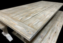 Load image into Gallery viewer, Farmhouse Trestle Table Set: Gray White Wash, Distressed White, Long Benches

