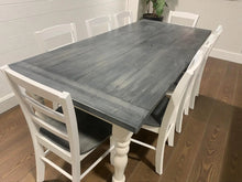 Load image into Gallery viewer, Farmhouse Table with Turned Legs, Chair Set Carbon Gray Whitewash Top and Antique White Base, Wooden Dining Table
