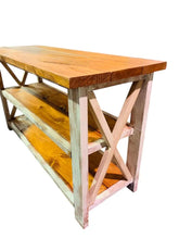 Load image into Gallery viewer, Rustic Farmhouse Buffet Table: Distressed White &amp; Gunstock Shelving
