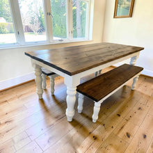 Load image into Gallery viewer, Handmade Chunky Leg Farmhouse Table with Benches: Dark Walnut &amp; Antique White Dining Set
