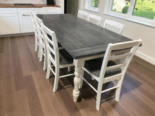 Load image into Gallery viewer, Farmhouse Table with Turned Legs, Chair Set Carbon Gray Whitewash Top and Antique White Base, Wooden Dining Table
