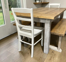Load image into Gallery viewer, Farmhouse Dining Table with Benches and Chairs, Special Walnut, Dark Distressed Antique White, 5ft Kitchen Table Set
