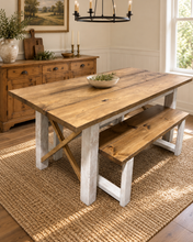 Load image into Gallery viewer, 6-Foot Classic X Style Farmhouse Table Set with Benches (Special Walnut, Distressed White)
