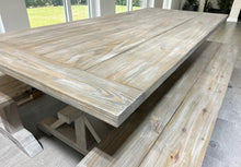 Load image into Gallery viewer, Farmhouse Trestle Table Set: Gray White Wash, Distressed White, Long Benches
