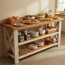 Load image into Gallery viewer, Rustic Farmhouse Buffet Table: Distressed White &amp; Gunstock Shelving
