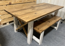 Load image into Gallery viewer, 6ft Classic X Style Farmhouse Table Set with Benches (Special Walnut, Distressed White)
