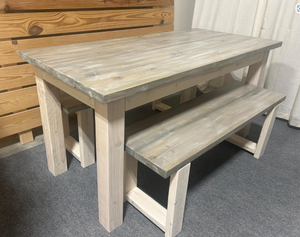 Small Dining Table Set with Table and Benches - Simply White and Gray White Wash - Wooden Kitchen Table Set