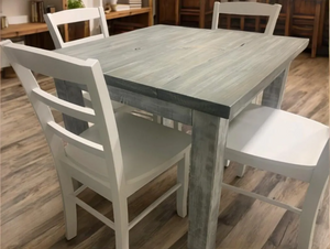 Square Farmhouse Table Set with Chairs - Gray White Wash, Distressed White Base - Breakfast Nook Table - Small Dining Table