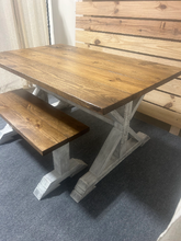 Load image into Gallery viewer, Rustic Farmhouse Pedestal Dining Set: Provincial Brown Stain, Antique White Distressed Base, Solid Wood, Bench Seating, Customizable
