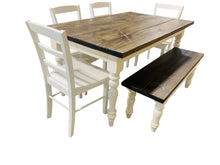 Load image into Gallery viewer, 5-Foot Rustic Farmhouse Table with Turned Legs, Bench and Chair Set Dark Walnut Top and Antique White Base, Wooden Dining Table
