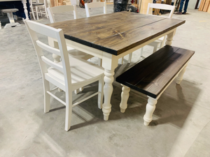 5ft Rustic Farmhouse Table with Turned Legs, Bench and Chair Set Dark Walnut Top and Antique White Base, Wooden Dining Table