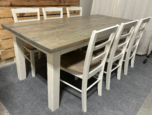 Wooden Farmhouse Table Dining Set - With Chairs - Classic Gray and Antique White - Real Wood Kitchen Table Set