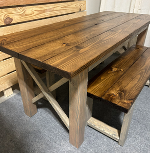 Farmhouse Table Set - Narrow Dining Table - X Accent - Classic Gray and Provincial Brown - Perfect for Cozy Dining Spaces