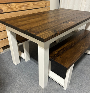 Small Farmhouse Table - Dining Set - With Benches - Espresso, Antique White - Kitchen Table - Wooden Table