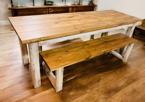 Narrow Farmhouse Table Set with Benches, Distressed White, Early American Brown, Wooden Dining Set, Kitchen Set