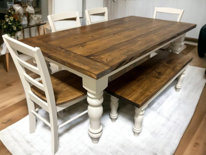 Rustic 6ft Farmhouse Table - With Bench and Chairs - Chunky Turned Legs - Provincial Brown and Antique White