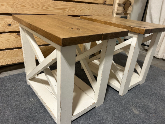 Farmhouse Style End Tables - Distressed White, Light Walnut - Wooden Living Room Furniture with X Accents (Special Walnut, Antique White)