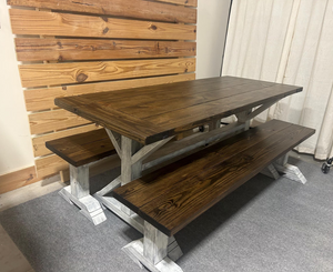 6ft Classic Trestle Table With Benches (Dark Walnut, Distressed White Base)