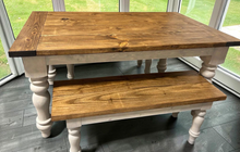 Load image into Gallery viewer, Turned Leg Farmhouse Dining Table - With Benches - Provincial Brown and Sun Bleached Base - Breadboard Ends - Kitchen Table Set
