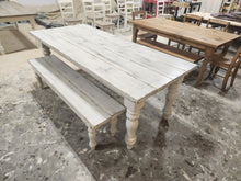 Load image into Gallery viewer, 7ft Rustic Farmhouse Table and Bench with Turned Legs, White Distressed Top and  Base, Wooden Dining Table, Kitchen Table
