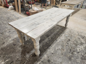7ft Rustic Farmhouse Table and Bench with Turned Legs, White Distressed Top and  Base, Wooden Dining Table, Kitchen Table