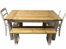 Load image into Gallery viewer, Farmhouse Dining Table with Benches and Chairs, Special Walnut, Dark Distressed Antique White, 5ft Kitchen Table Set

