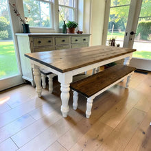 Load image into Gallery viewer, Handmade Chunky Leg Farmhouse Table with Benches: Dark Walnut &amp; Antique White Dining Set
