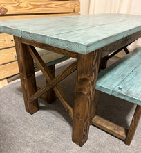 Load image into Gallery viewer, Narrow Farmhouse Dining Table - With Benches - Teal, Dark Walnut - Beach Décor Feel - Small Wooden Kitchen Table - X Design
