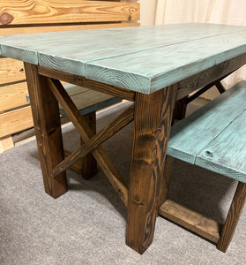 Narrow Farmhouse Dining Table - With Benches - Teal, Dark Walnut - Beach Décor Feel - Small Wooden Kitchen Table - X Design