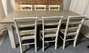 Wooden Farmhouse Table Dining Set - With Chairs - Classic Gray and Antique White - Real Wood Kitchen Table Set