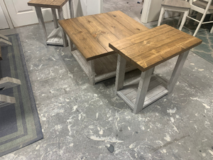 Rustic Living Room Set, Large Farmhouse Coffee Table With Set of Long End Tables, Early American Top, Creamy White Distressed
