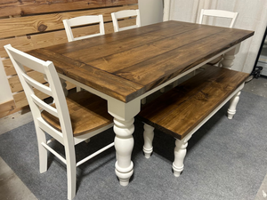 Rustic 6ft Farmhouse Table - With Bench and Chairs - Chunky Turned Legs - Provincial Brown and Antique White