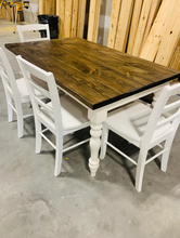 Load image into Gallery viewer, 5ft Rustic Farmhouse Table with Turned Legs, Bench and Chair Set Dark Walnut Top and Antique White Base, Wooden Dining Table
