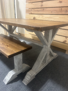 Rustic Farmhouse Pedestal Dining Set: Provincial Brown Stain, Antique White Distressed Base, Solid Wood, Bench Seating, Customizable