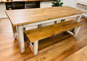 Narrow Farmhouse Table Set with Benches, Distressed White, Early American Brown, Wooden Dining Set, Kitchen Set