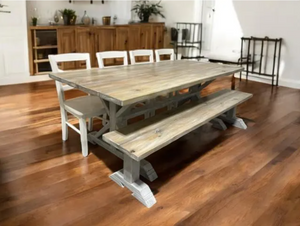 7ft Dining Table Set - Farmhouse Trestle Style Base - Bench and Chair Options - Gray White Wash, Distressed Base - Coastal Kitchen Table Set