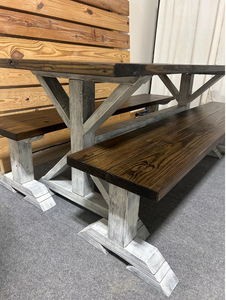 6ft Classic Trestle Table With Benches (Dark Walnut, Distressed White Base)