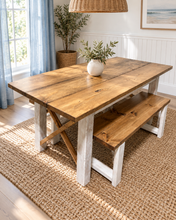 Load image into Gallery viewer, 6-Foot Classic X Style Farmhouse Table Set with Benches (Special Walnut, Distressed White)

