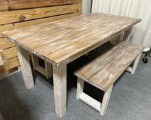 Load image into Gallery viewer, Farmhouse Table with Benches, Whitewash, Special Walnut, Distressed White, 6ft Dining Set, Wooden Kitchen Table
