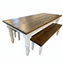 Load image into Gallery viewer, Handmade Chunky Leg Farmhouse Table with Benches: Dark Walnut &amp; Antique White Dining Set
