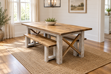 Load image into Gallery viewer, 6-Foot Classic X Style Farmhouse Table Set with Benches (Special Walnut, Distressed White)
