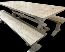 Load image into Gallery viewer, Farmhouse Trestle Table Set: Gray White Wash, Distressed White, Long Benches
