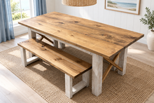 Load image into Gallery viewer, 6-Foot Classic X Style Farmhouse Table Set with Benches (Special Walnut, Distressed White)
