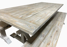 Load image into Gallery viewer, Farmhouse Trestle Table Set: Gray White Wash, Distressed White, Long Benches
