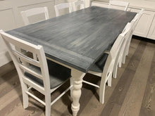 Load image into Gallery viewer, Farmhouse Table with Turned Legs, Chair Set Carbon Gray Whitewash Top and Antique White Base, Wooden Dining Table
