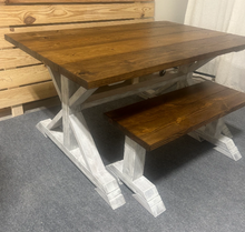 Load image into Gallery viewer, Rustic Farmhouse Pedestal Dining Set: Provincial Brown Stain, Antique White Distressed Base, Solid Wood, Bench Seating, Customizable
