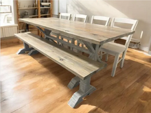 Load image into Gallery viewer, 7ft Dining Table Set - Farmhouse Trestle Style Base - Bench and Chair Options - Gray White Wash, Distressed Base - Coastal Kitchen Table Set
