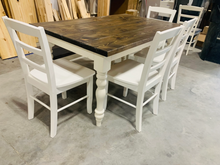 Load image into Gallery viewer, 5ft Rustic Farmhouse Table with Turned Legs, Bench and Chair Set Dark Walnut Top and Antique White Base, Wooden Dining Table
