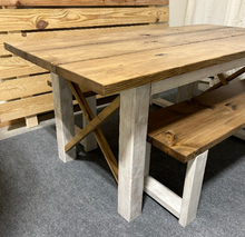 Load image into Gallery viewer, 6ft Classic X Style Farmhouse Table Set with Benches (Special Walnut, Distressed White)
