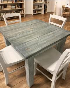 Square Farmhouse Table Set with Chairs - Gray White Wash, Distressed White Base - Breakfast Nook Table - Small Dining Table